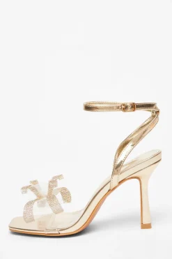 Quiz Gold Diamante Bow Heels New
