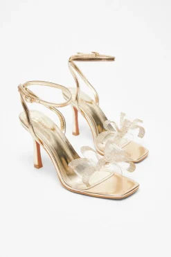 Quiz Gold Diamante Bow Heels New