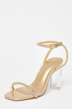Quiz Diamante Clear Block Heels Gold New