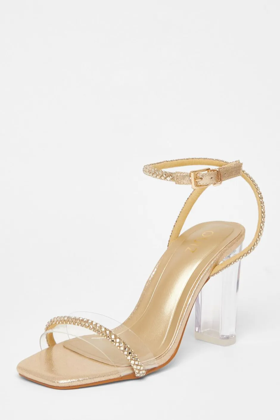 Quiz Diamante Clear Block Heels Gold New