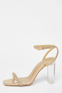 Quiz Diamante Clear Block Heels Gold New