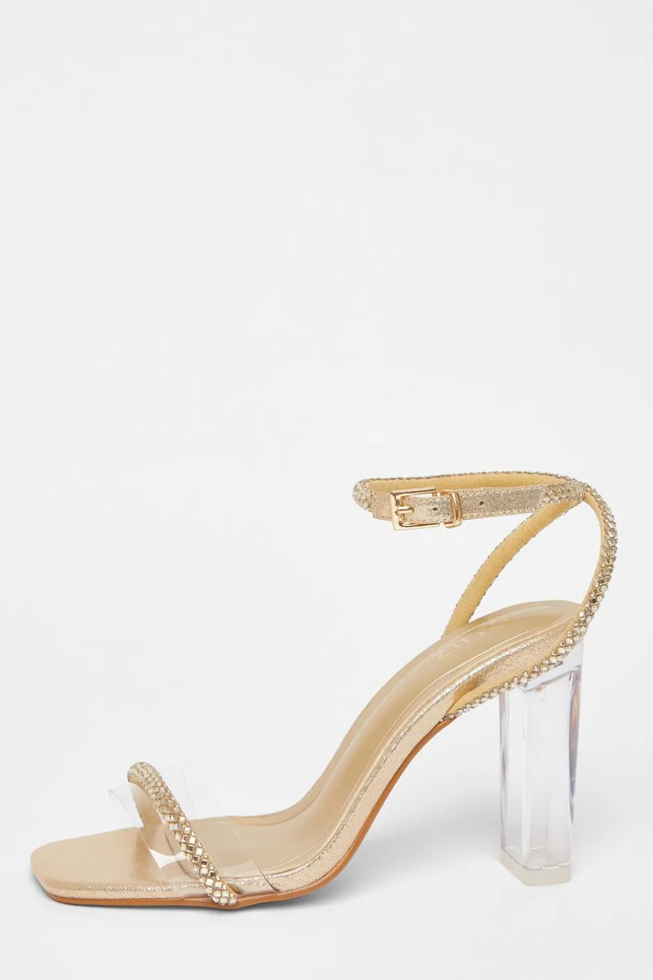 Quiz Diamante Clear Block Heels Gold New