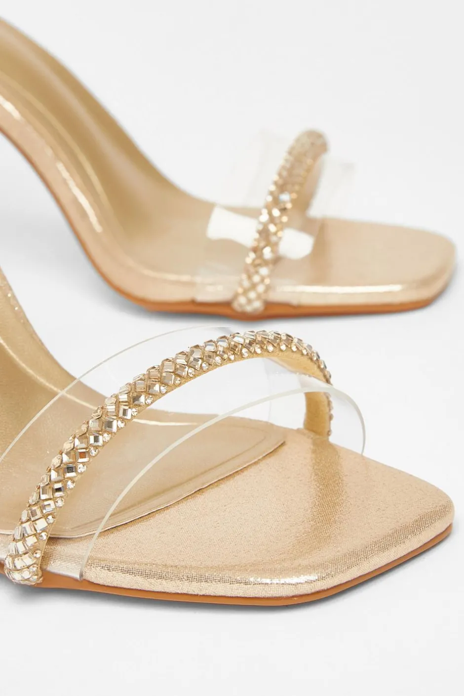 Quiz Diamante Clear Block Heels Gold New