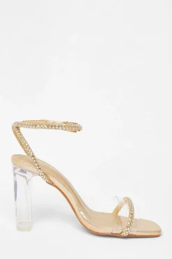 Quiz Diamante Clear Block Heels Gold New