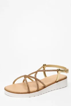 Quiz Gold Diamante Cross Strap Flatform Sandals Sale