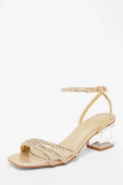 Quiz Diamante Low Heeled Sandals Gold Sale