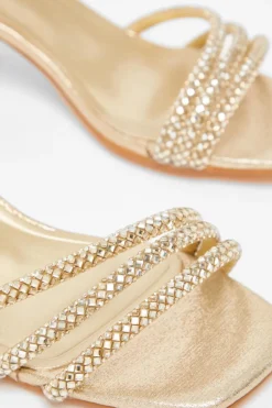 Quiz Diamante Low Heeled Sandals Gold Sale