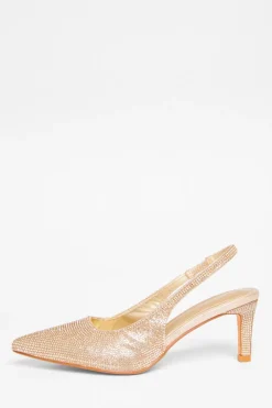 Quiz Diamante Sling Back Heels Gold Outlet