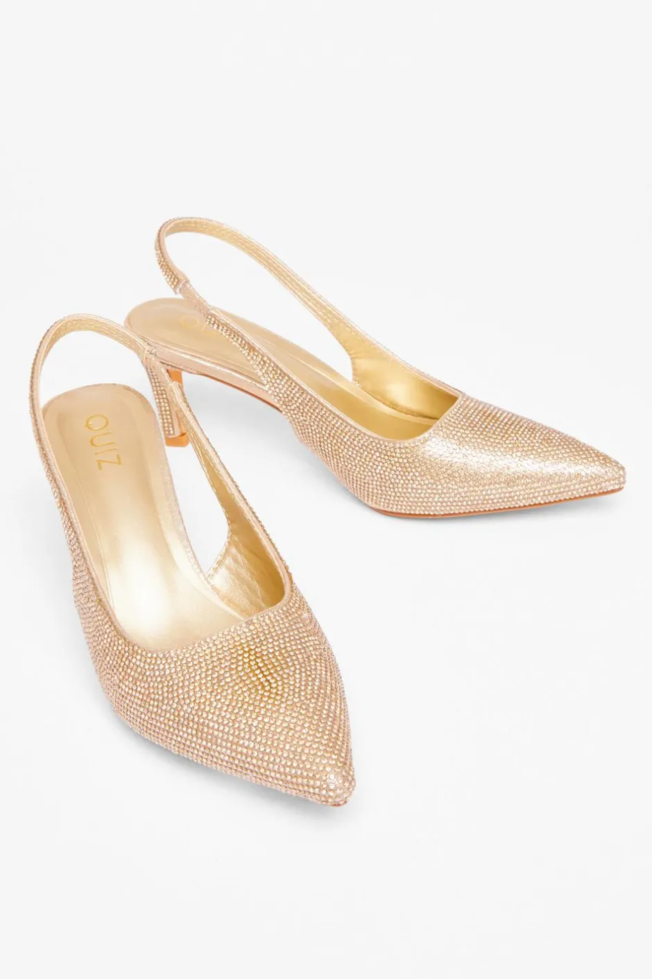 Quiz Diamante Sling Back Heels Gold Outlet