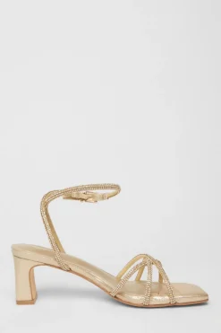 Quiz Diamante Strap Block Heels Gold New
