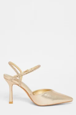Quiz Diamante Strap Court Heels Gold Online