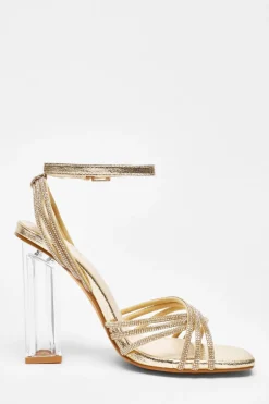 Quiz Diamante Strap Heeled Sandals Gold Clearance