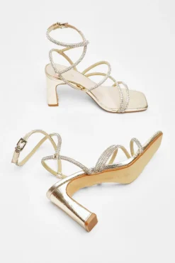 Quiz Diamante Strappy Block Heeled Sandals Gold New