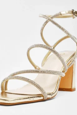Quiz Diamante Strappy Block Heeled Sandals Gold New