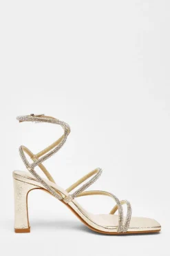 Quiz Diamante Strappy Block Heeled Sandals Gold New