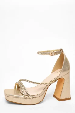 Quiz Gold Diamante Strappy Platform Heeled Sandals Hot
