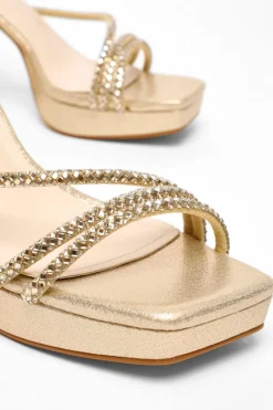 Quiz Gold Diamante Strappy Platform Heeled Sandals Hot