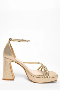 Quiz Gold Diamante Strappy Platform Heeled Sandals Hot