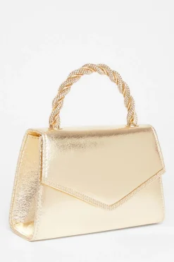 Quiz Diamante Twist Top Handle Bag Gold Discount
