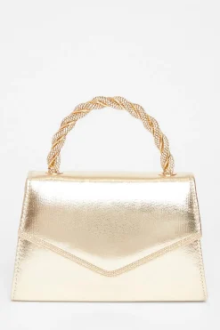 Quiz Diamante Twist Top Handle Bag Gold Discount