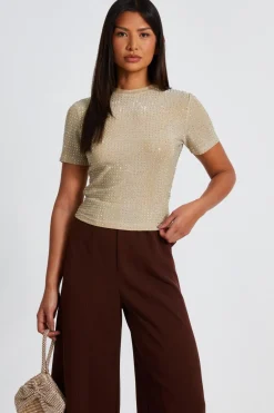 Quiz Knit Embellished Top Gold