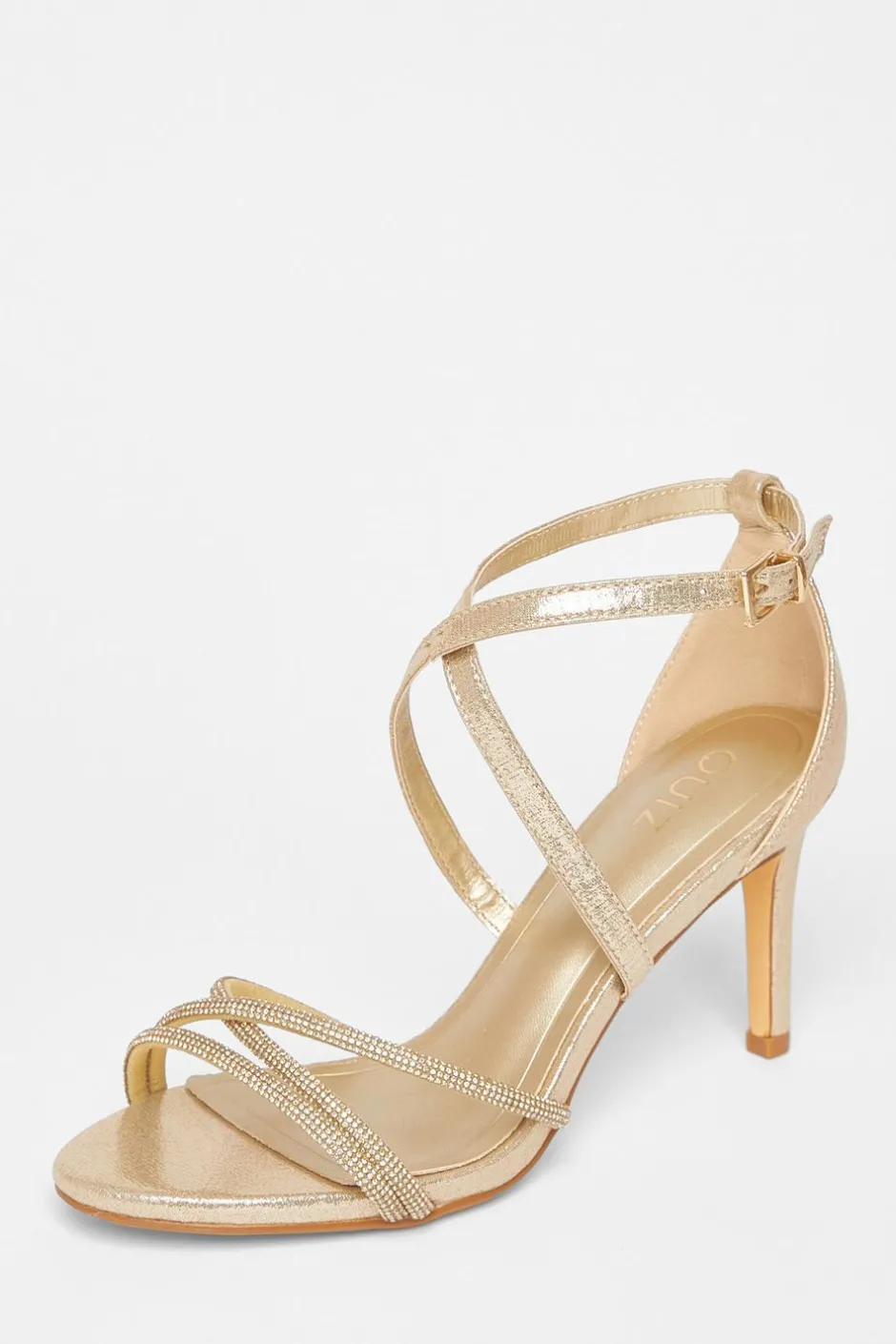 Quiz Shimmer Diamante Strap Heels Gold Sale