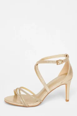 Quiz Shimmer Diamante Strap Heels Gold Sale