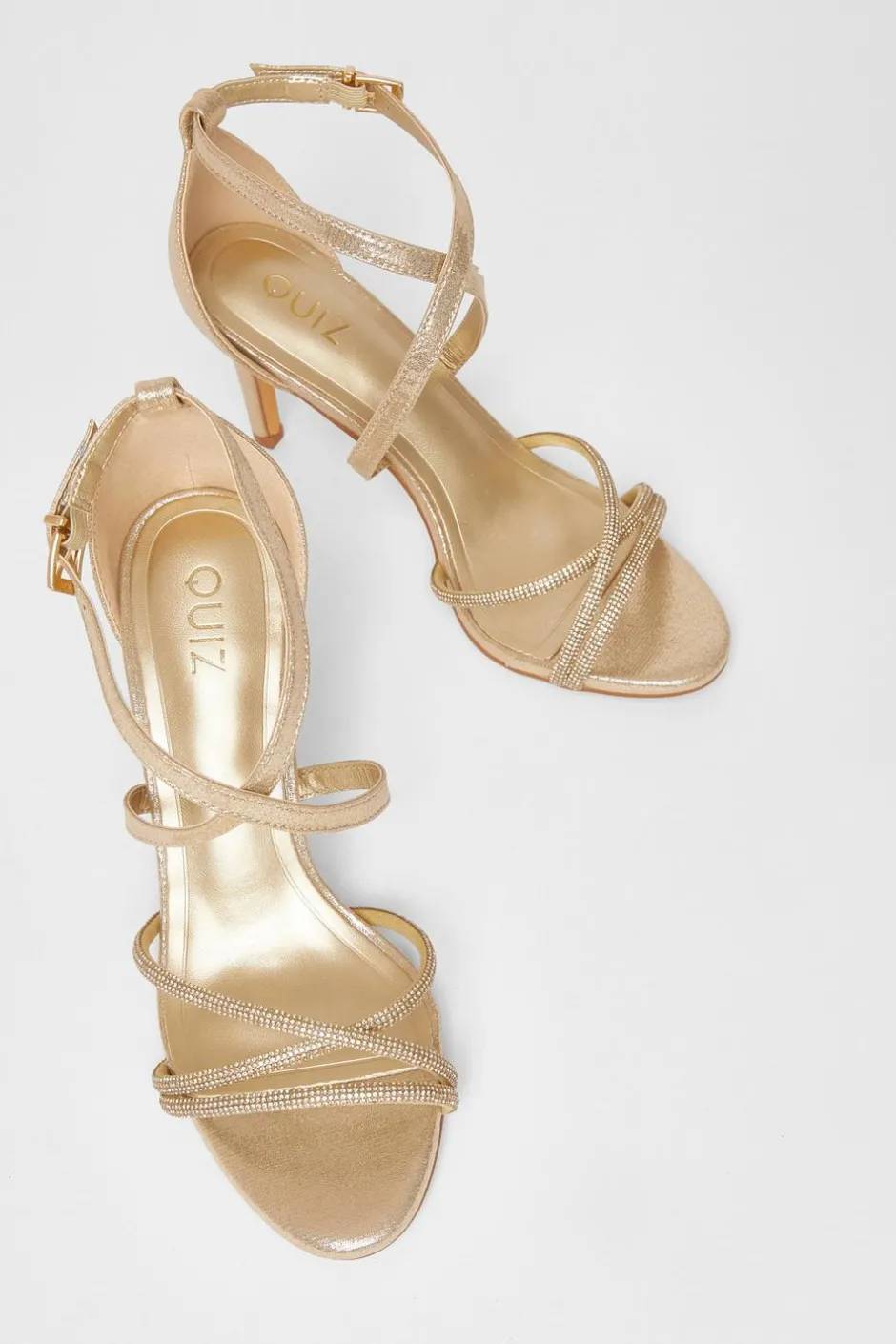 Quiz Shimmer Diamante Strap Heels Gold Sale