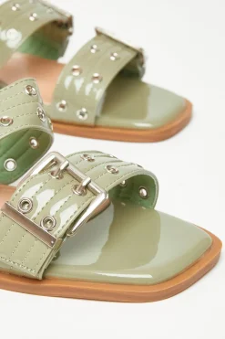 Quiz Buckle Flat Sandals Green Outlet