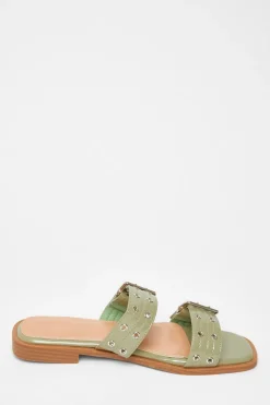 Quiz Buckle Flat Sandals Green Outlet