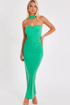 Quiz Collar Detail Ruched Midaxi Dress Green Clearance