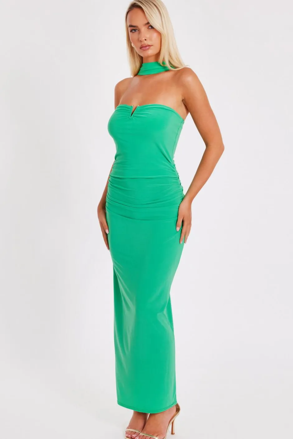 Quiz Collar Detail Ruched Midaxi Dress Green Clearance