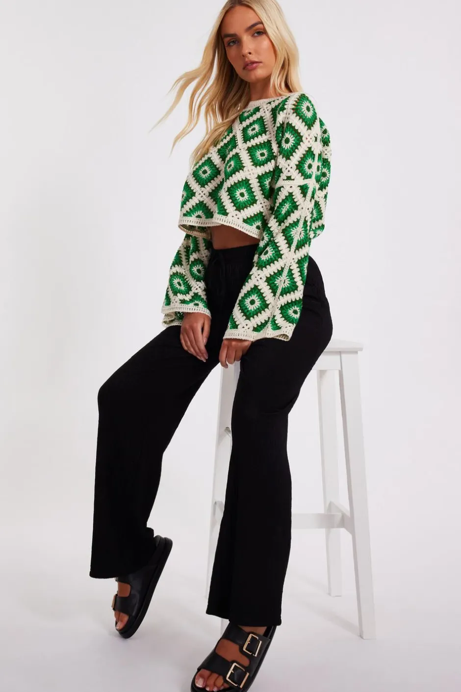 Quiz Green Crochet Geometric Crop Top Sale