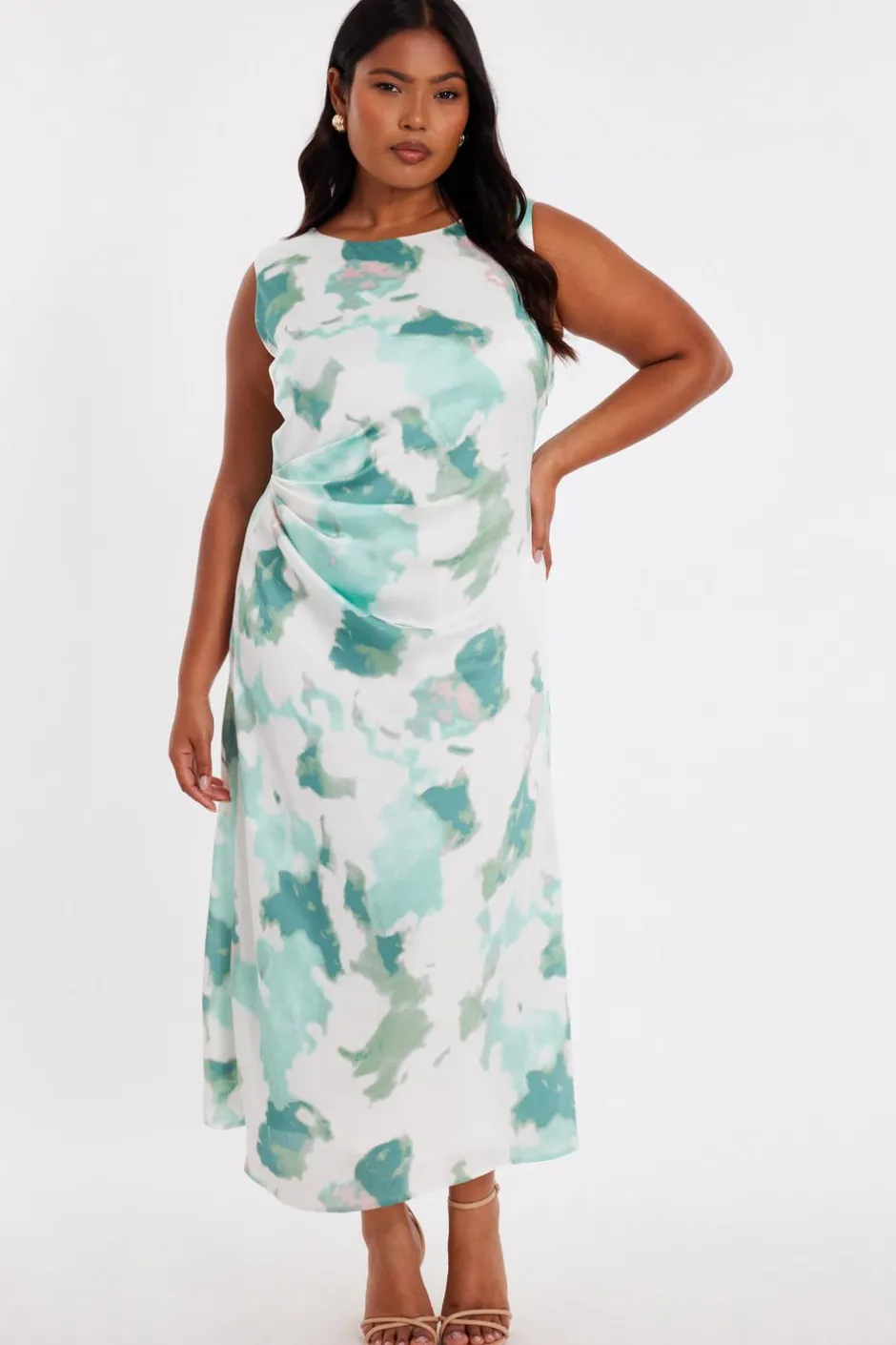 Quiz Green Curve Satin Marble Midaxi Dress