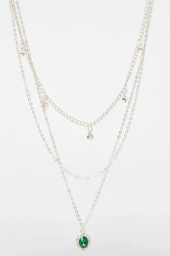 Quiz Diamante Jewel Layered Necklace Green