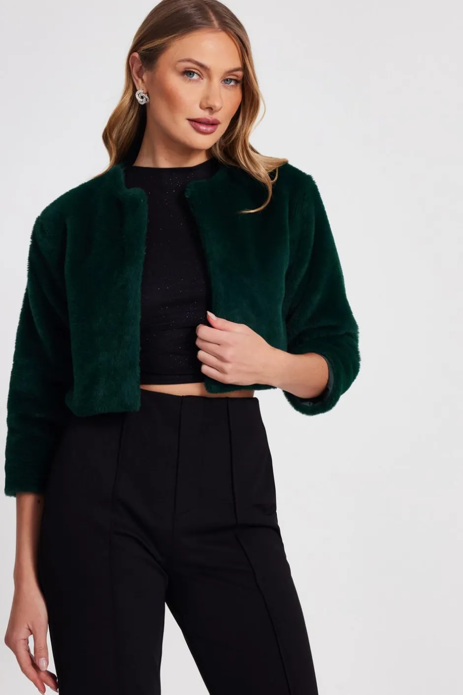 Quiz Faux Fur Long Sleeve Cape Green Discount