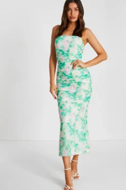 Quiz Green Floral Abstract Mesh Midi Dress Outlet