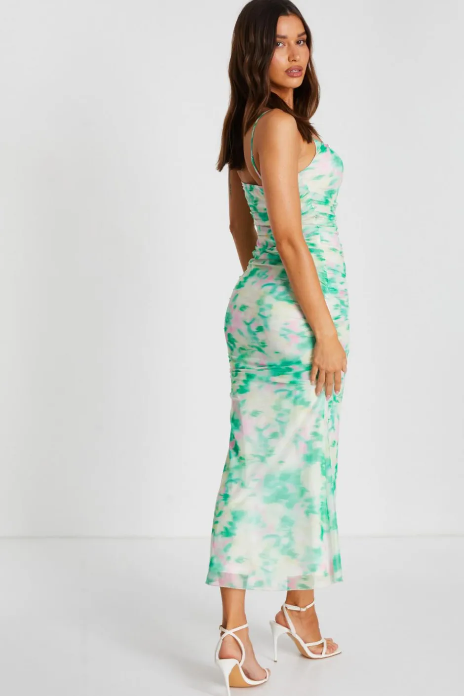 Quiz Green Floral Abstract Mesh Midi Dress Outlet