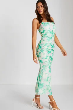 Quiz Green Floral Abstract Mesh Midi Dress Outlet