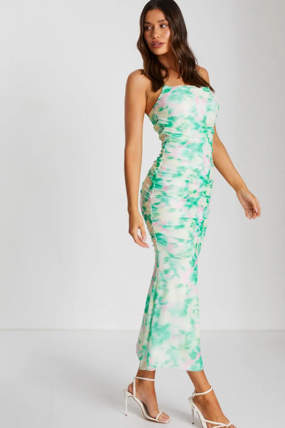Quiz Green Floral Abstract Mesh Midi Dress Outlet