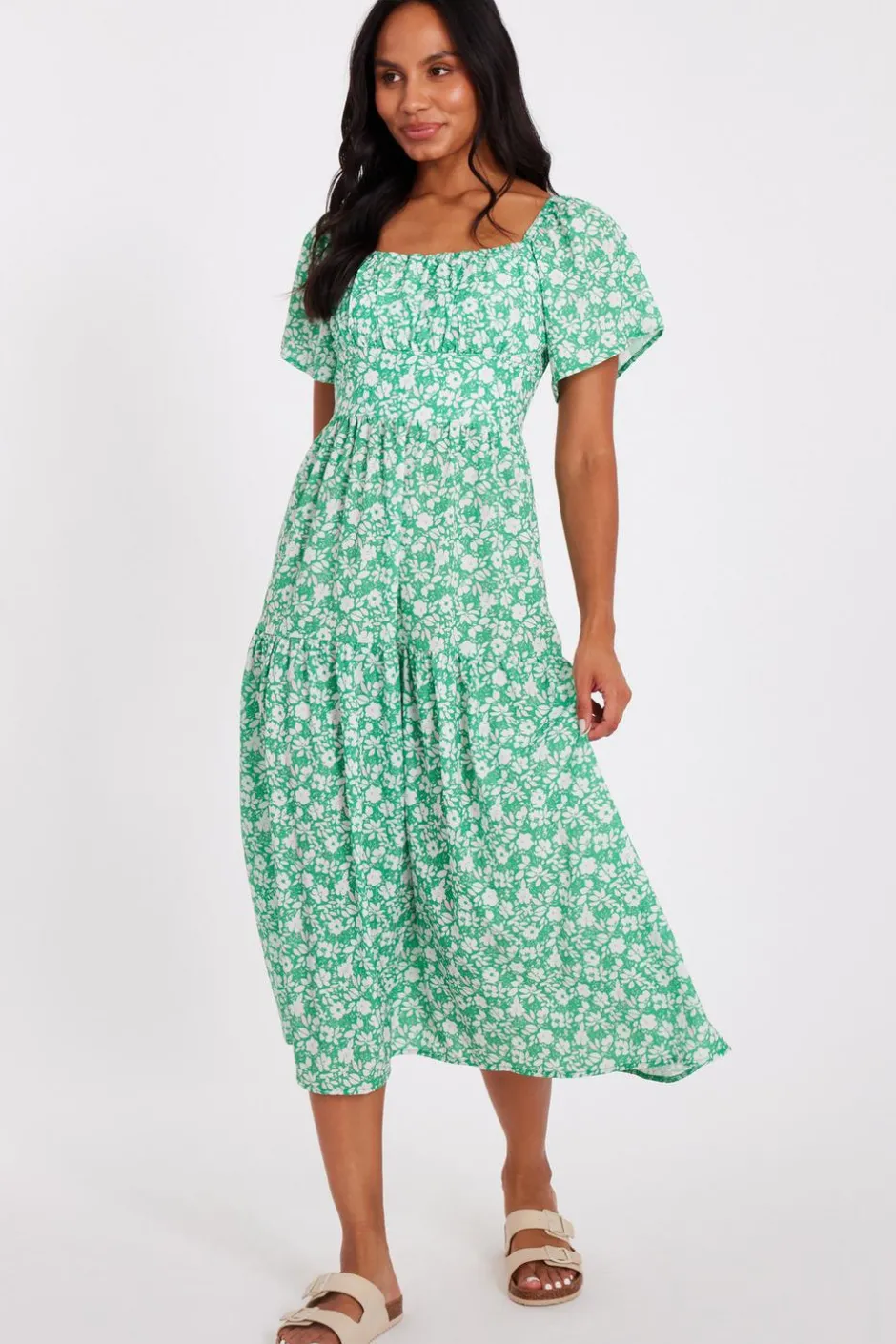 Quiz Floral Print Midi Dress Green Outlet