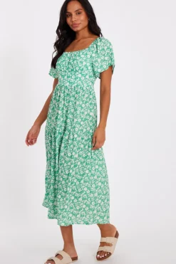 Quiz Floral Print Midi Dress Green Outlet