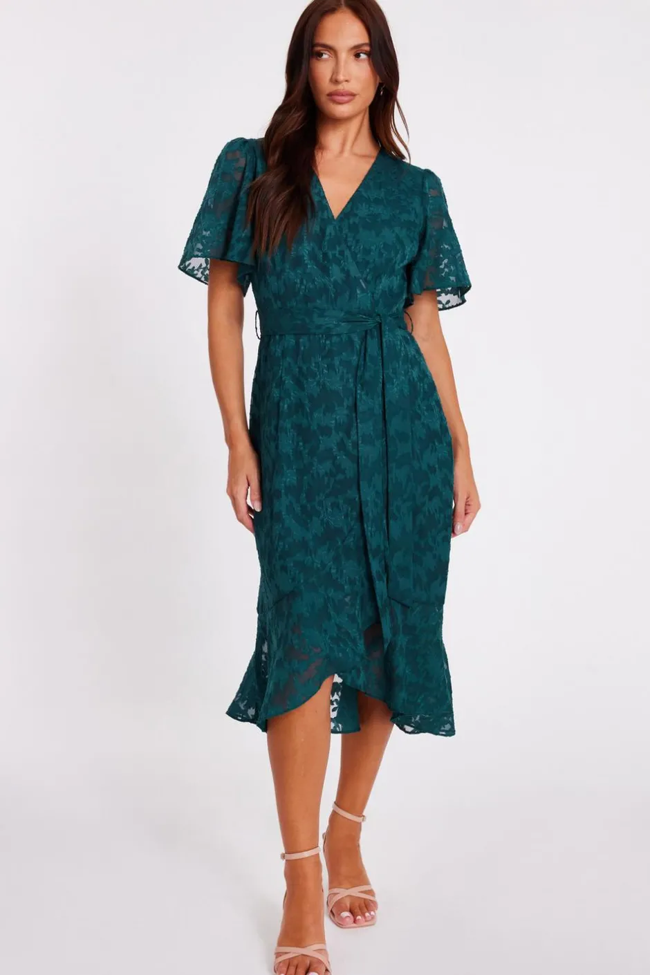 Quiz Jacquard Wrap Midi Dress Green Clearance