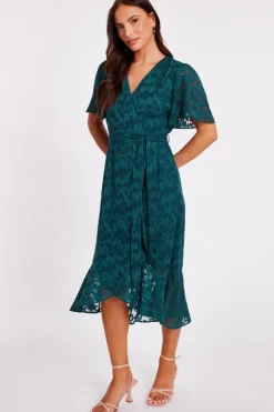 Quiz Jacquard Wrap Midi Dress Green Clearance