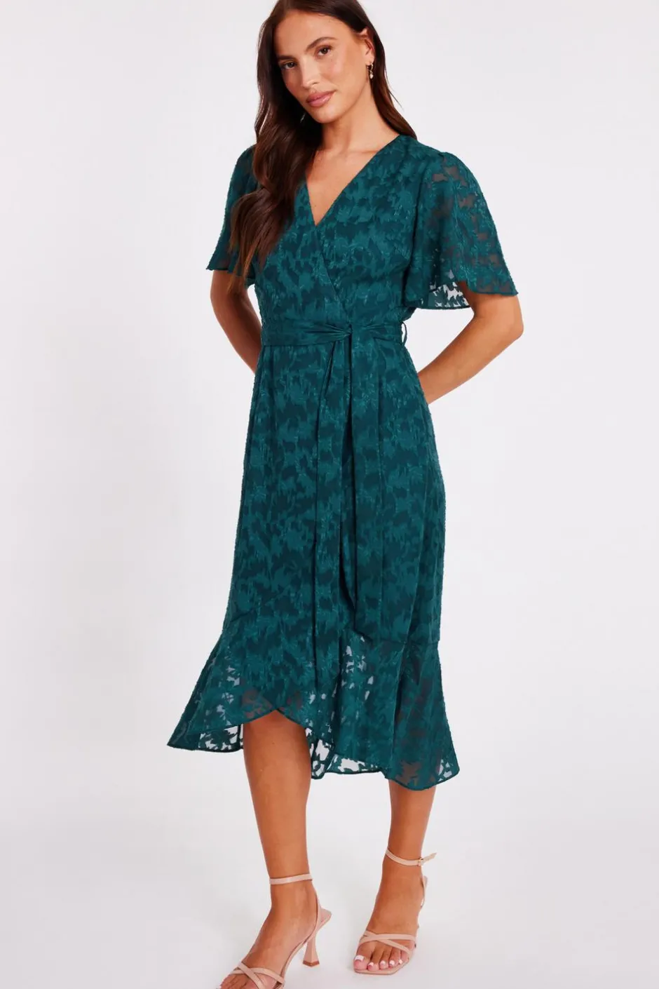 Quiz Jacquard Wrap Midi Dress Green Clearance