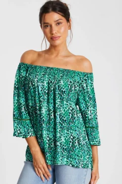 Quiz Green Leopard Print Bardot Top New