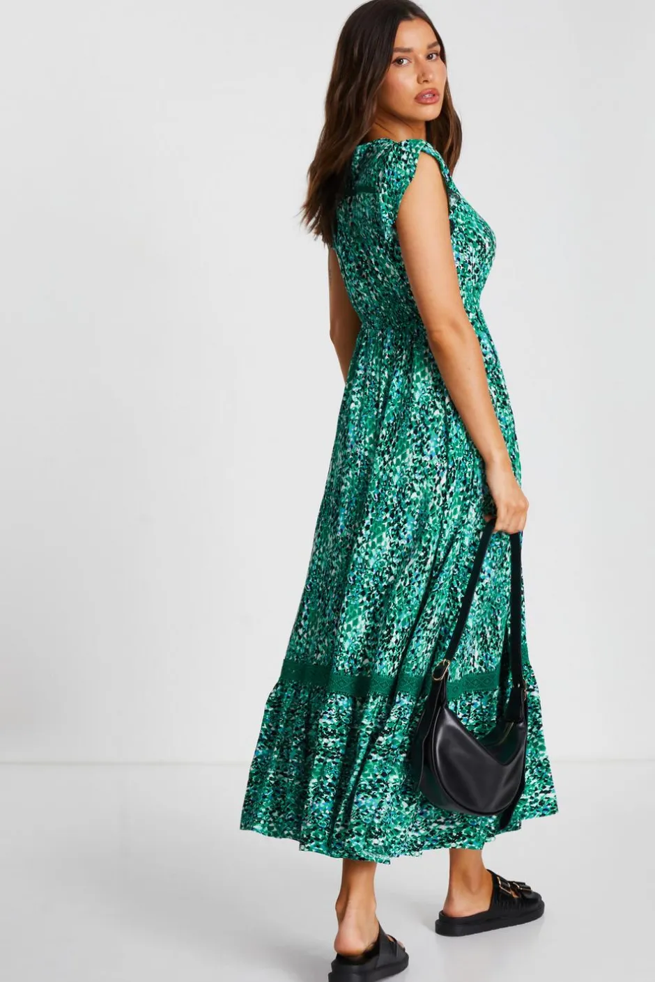 Quiz Green Leopard Print Crochet Trim Midaxi Dress Hot