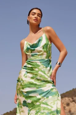 Quiz Green Marble Print Cowl Neck Midaxi Dress Outlet