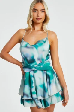 Quiz Green Marble Print Tiered Playsuit New