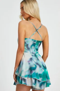 Quiz Green Marble Print Tiered Playsuit New